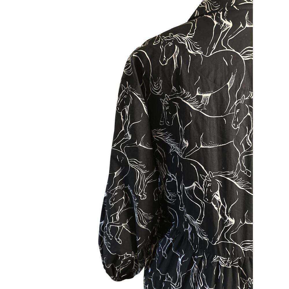 Women M Anthropologie Maeve Bettina Tiered Navy Horse Pony Printed Shirt Dress - Picture 6 of 8